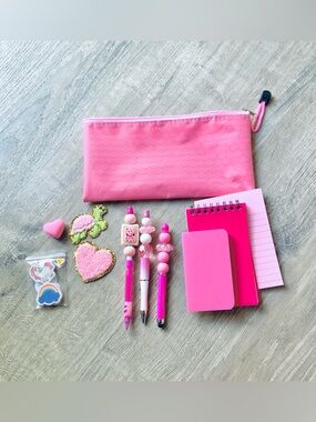 NEW📚 Crafted Pink Stationery Set - Pencil Case, Mini Notebooks & Beaded Pens